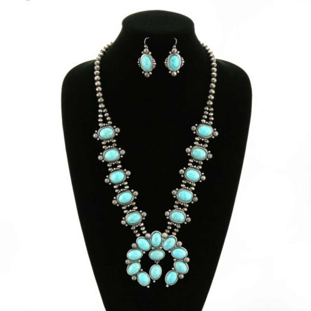 Western Faux Navajo and FauxTurquoise Squash Blossom Stone Necklace Set - Picture 2 of 2